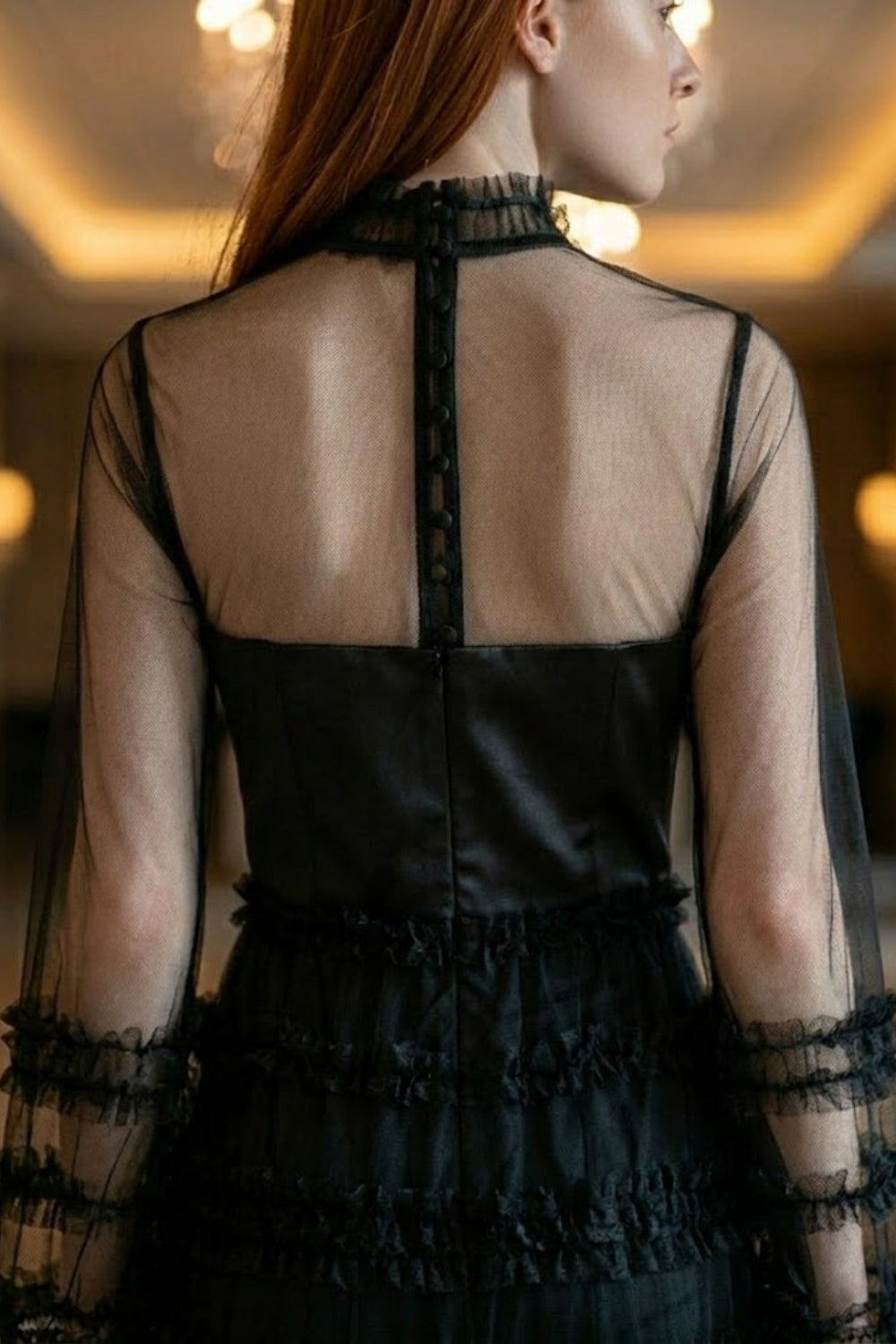 Black A Line Illusion Neck Long Prom Dress