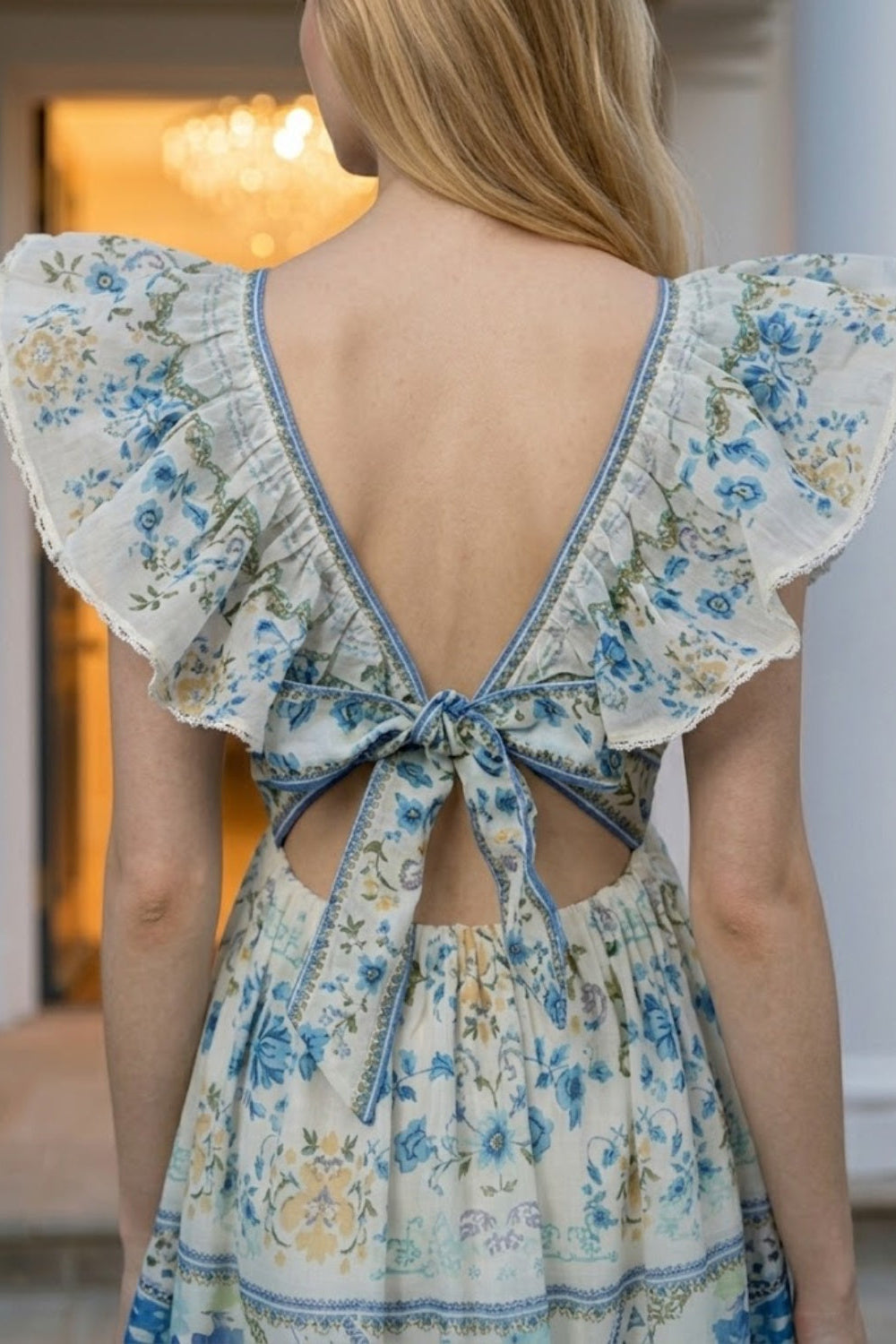 Blue Floral A Line V Neck Long Prom Dress