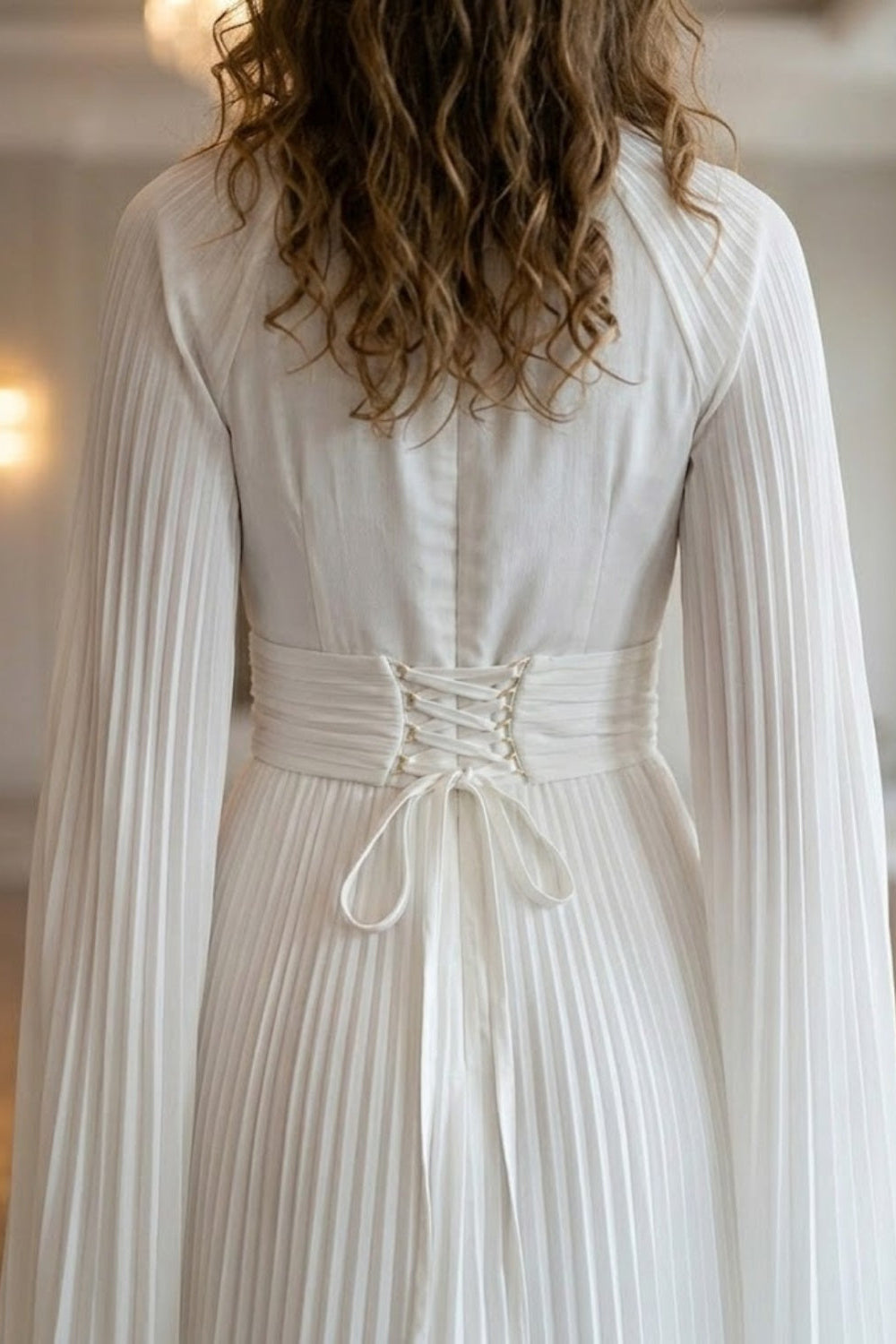 White A Line High Neck Long Formal Dress with Cape
