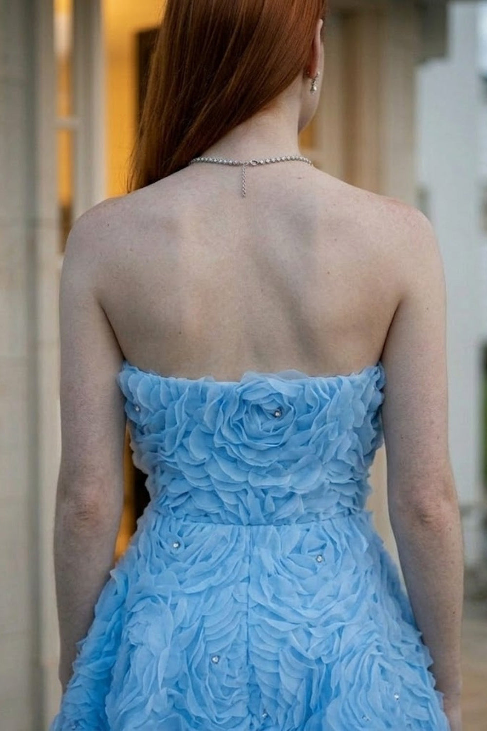 Blue Floral A Line Strapless Mini Prom Dress with 3D Flowers