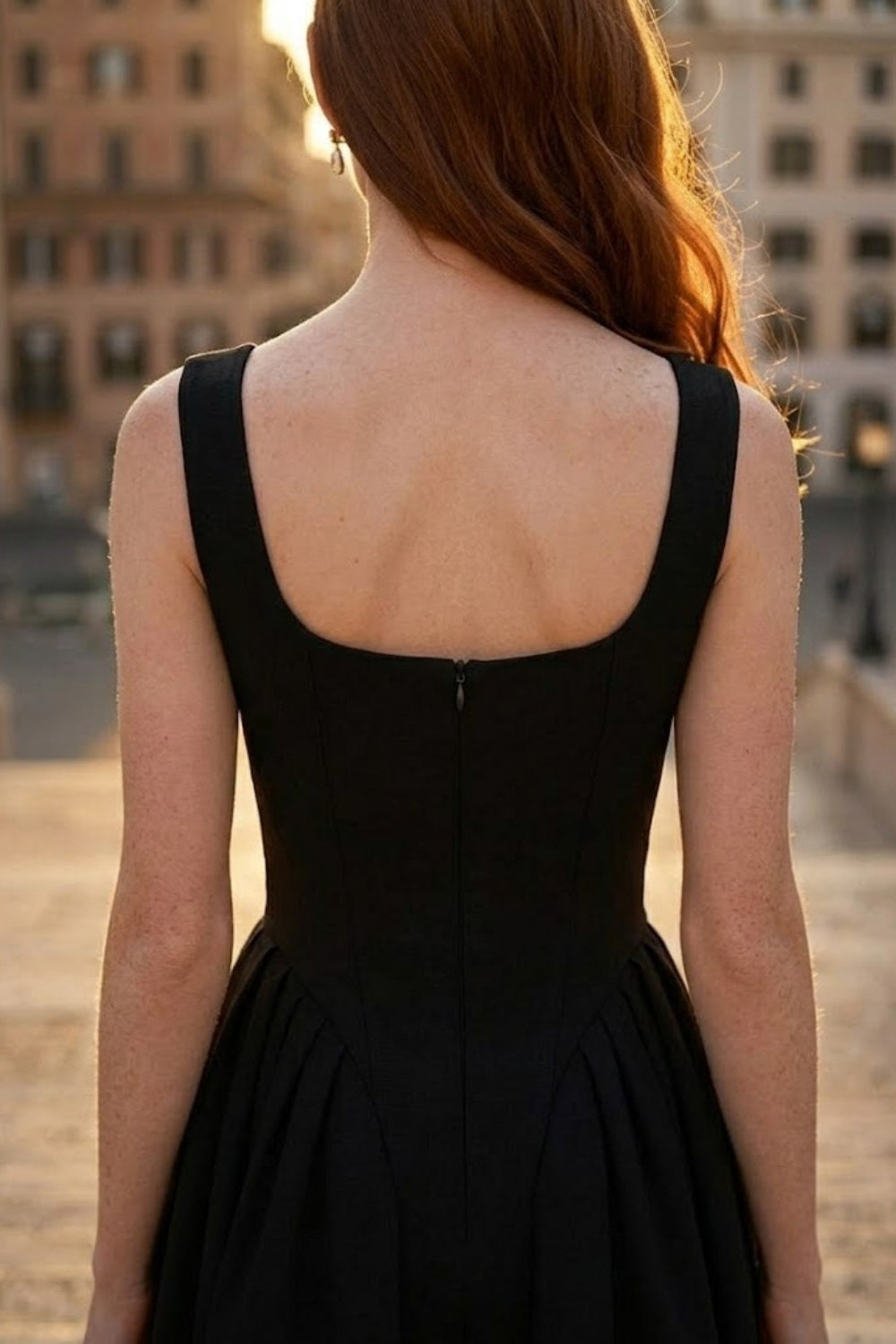 Black A Line Square Neck Midi Formal Dress with Rhinestone