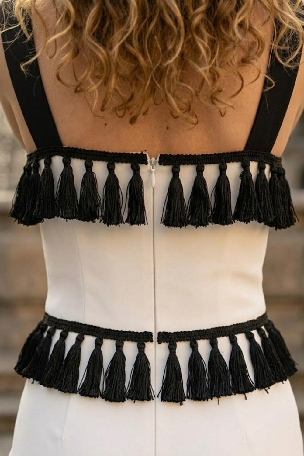 Black and White Bodycon Square Neck Long Formal Dress with Fringes
