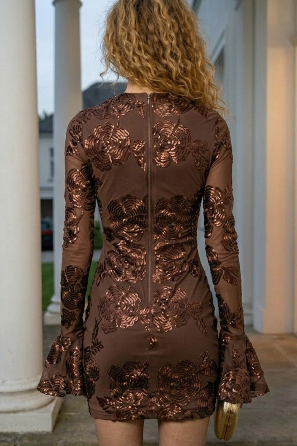 Brown Floral Bodycon Round Mini Homecoming Dress with 3D Flowers