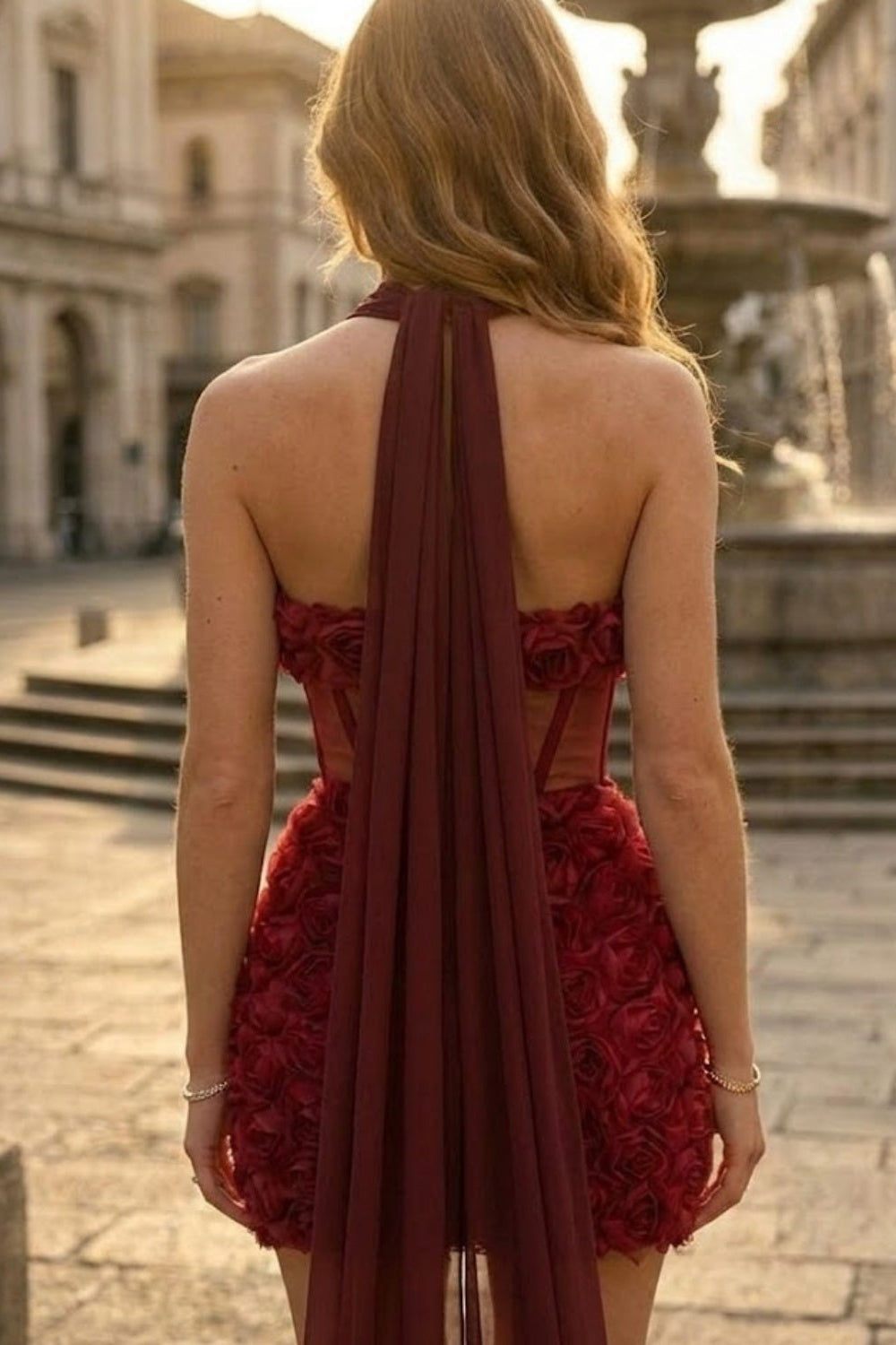 Red Bodycon Halter Short Homecoming Dress with 3D Flowers