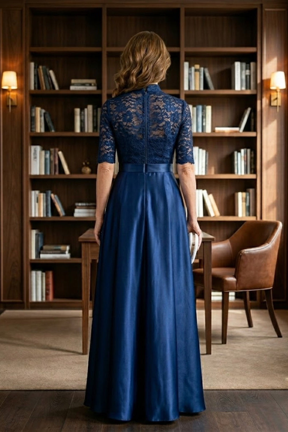 Navy Blue A Line High Neck Long Mother of Bride Dress with Lace Appliques