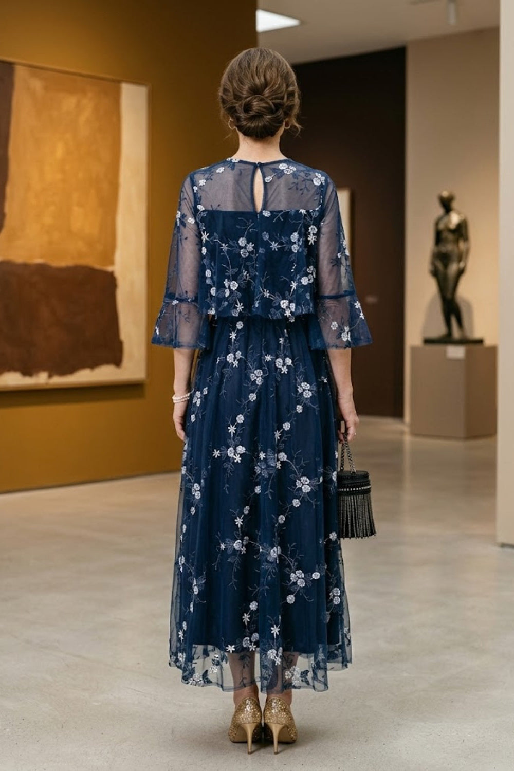 Navy Blue A Line Illusion Neck Long Mother of Bride Dress with Floral Embroidery