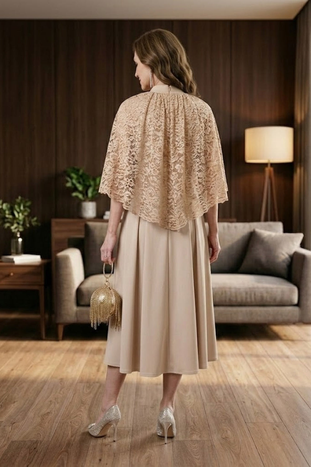 Apricot A Line High Neck Long Lace Appliques Mother of Bride Dress