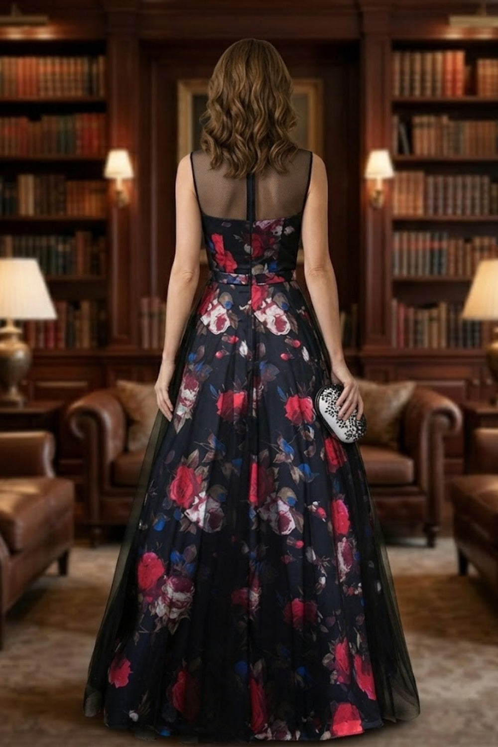 Black Floral A Line Illusion Neck Long Mother of Bride Dress