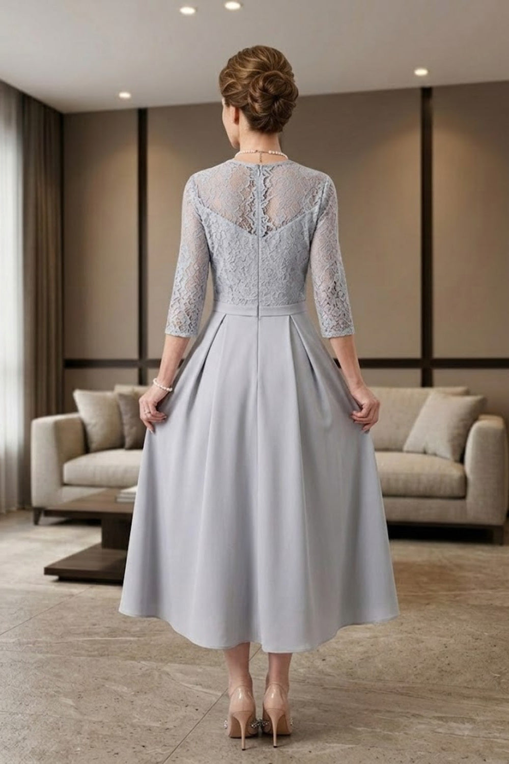 Grey A Line Scoop Lace Appliques Long Mother of Bride Dress