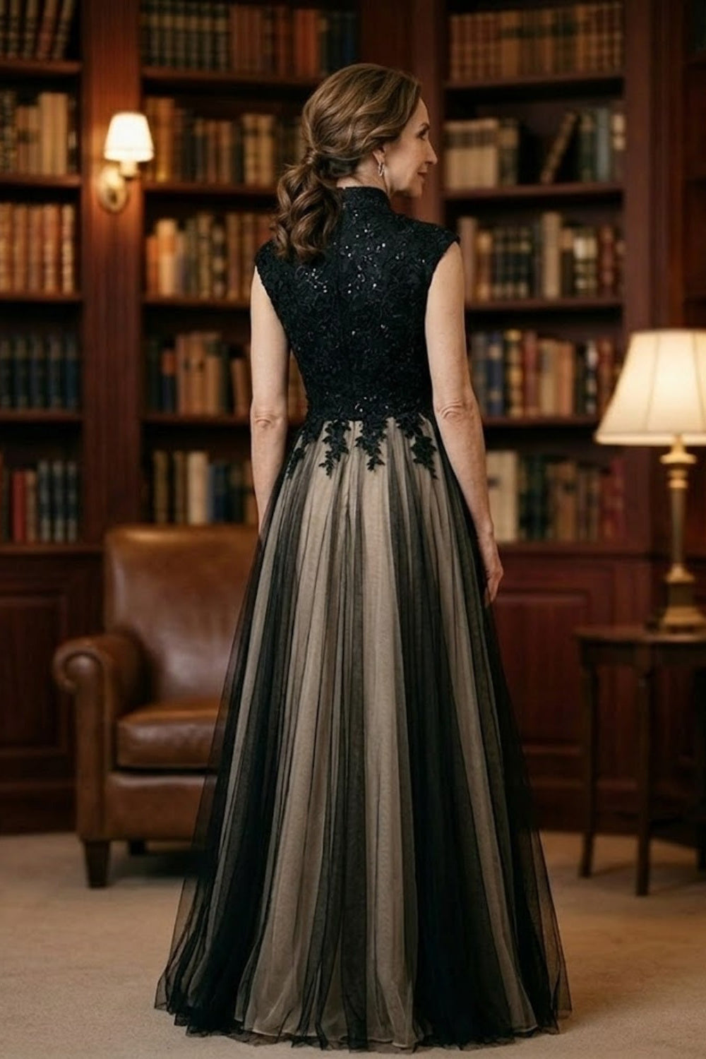 Black A Line Round Neck Long Mother of Bride Dress with Appliques