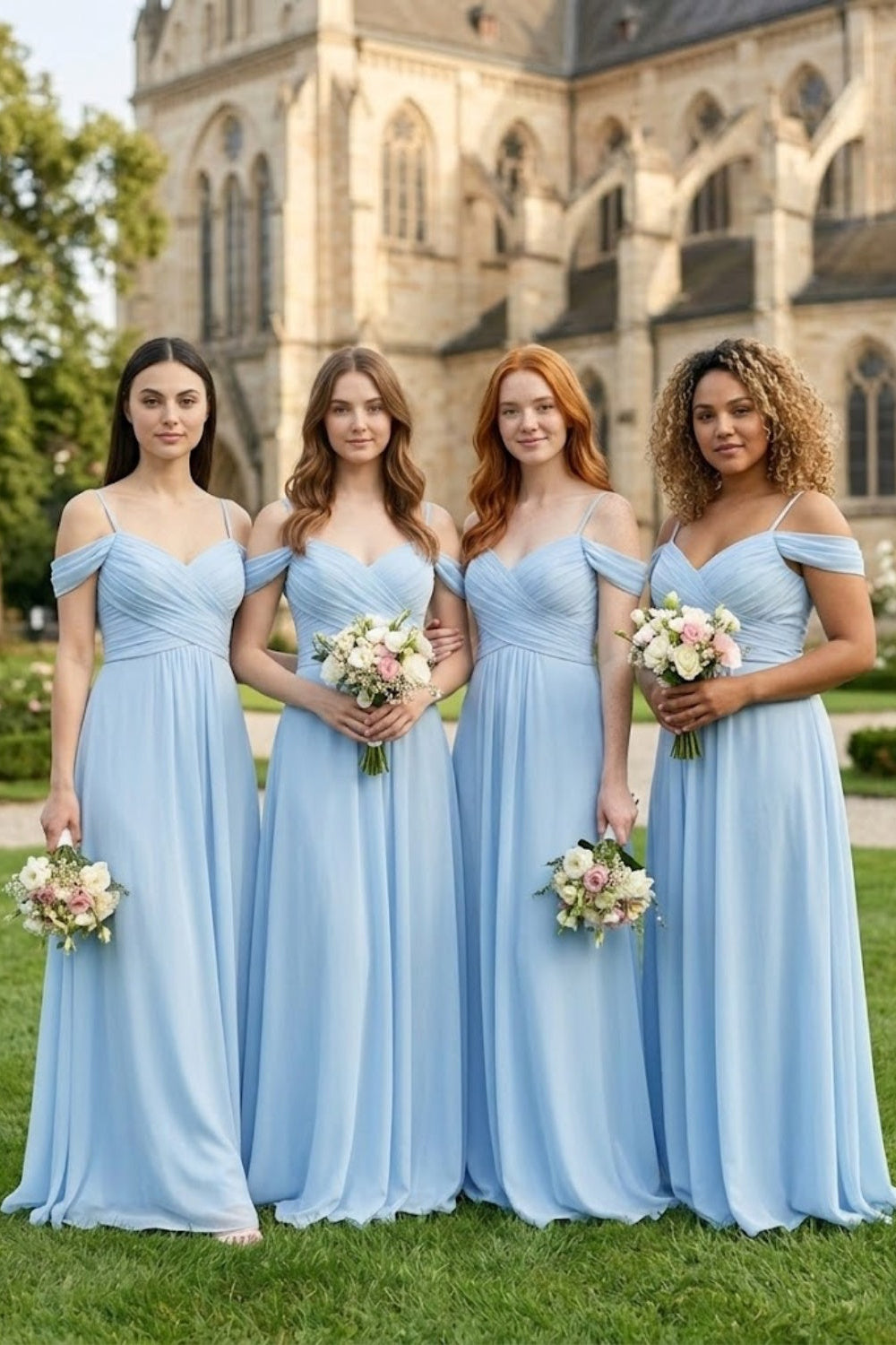 Sky Blue A Line Off the Shoulder Chiffon Long Bridesmaid Dress