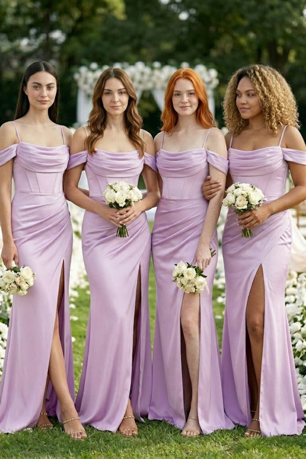 Mauve Sheath Cold Shoulder Long Bridesmaid Dress with Slit