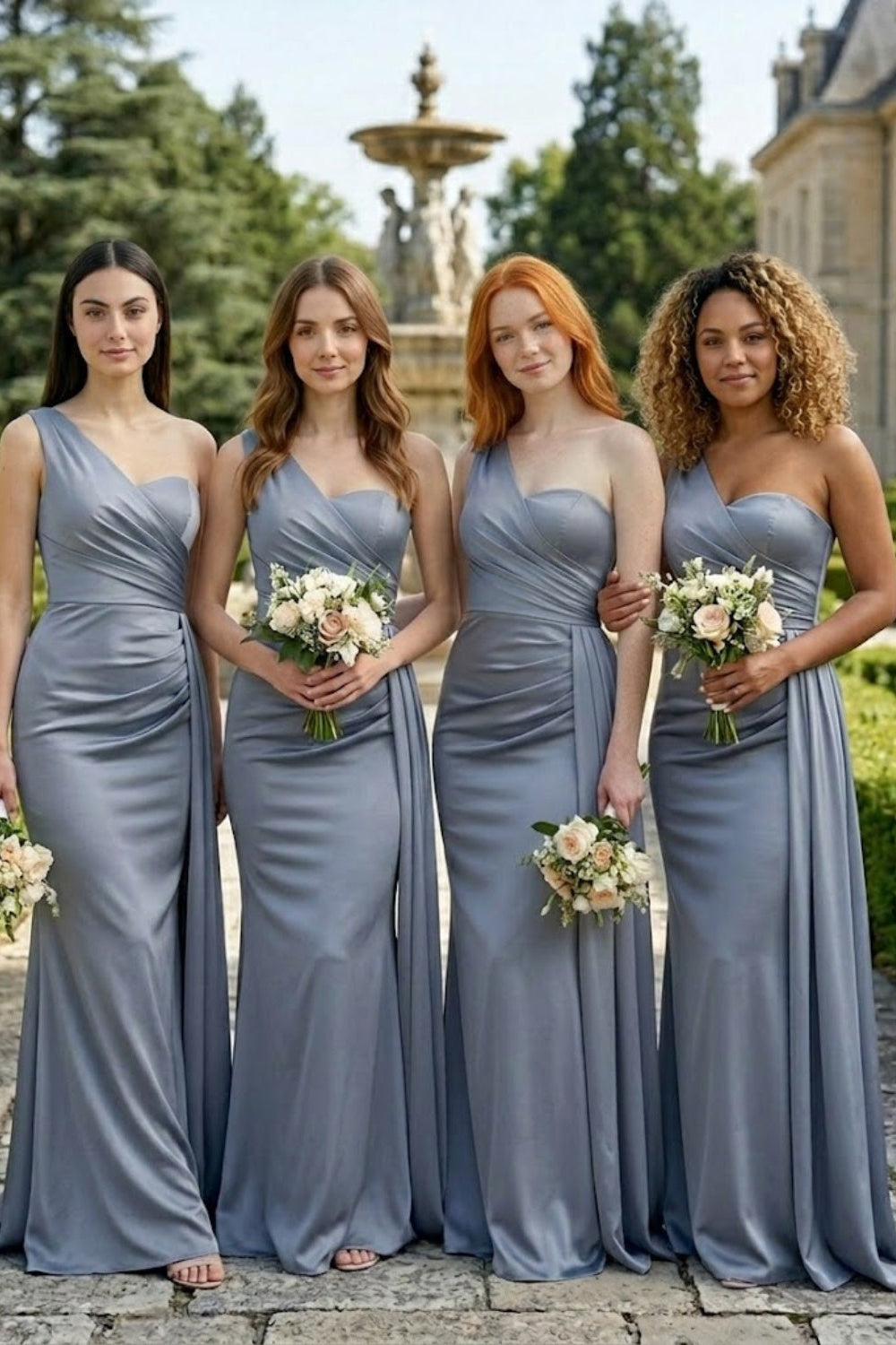 Grey Sheath One Shoulder Long Bridesmaid Dress with Side Cape