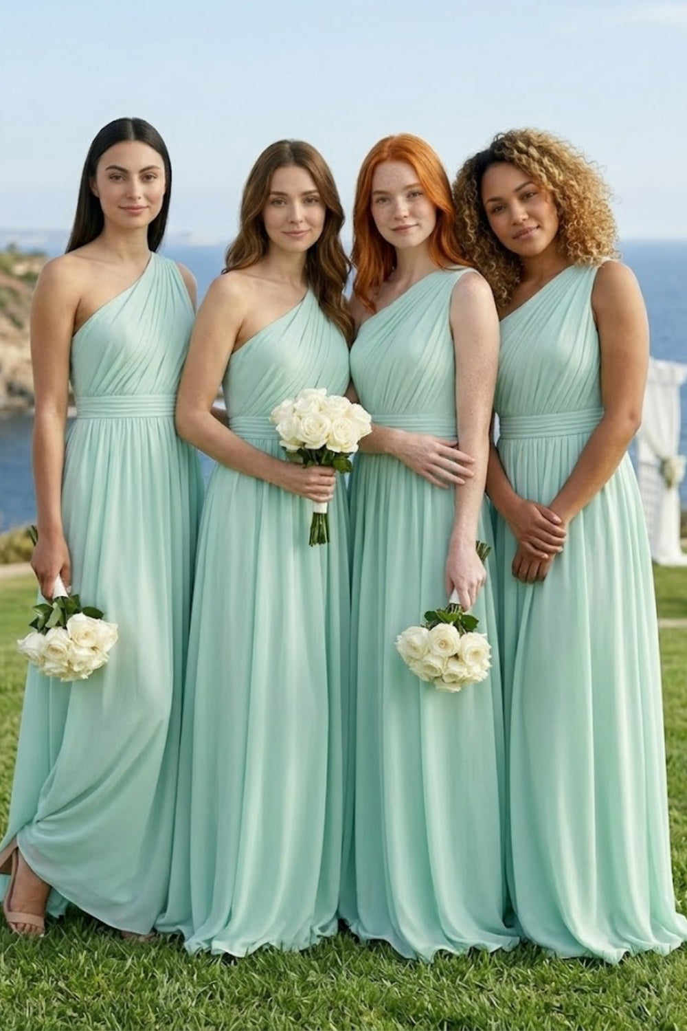 Mint Green A Line One Shoulder Long Chiffon Bridesmaid Dress