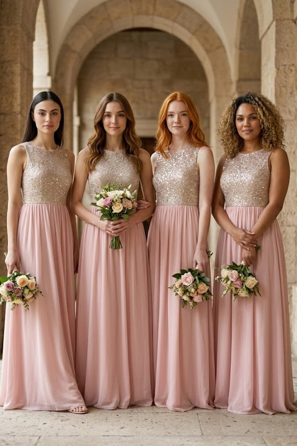 Pink A Line Round Neck Long Bridesmaid Dress with Appliques