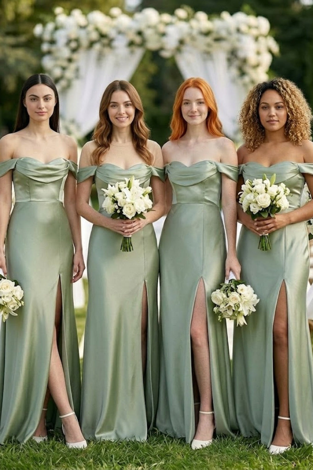 Sage A Line Off the Shoulder Long Stain Bridesmaid Dress with Slit