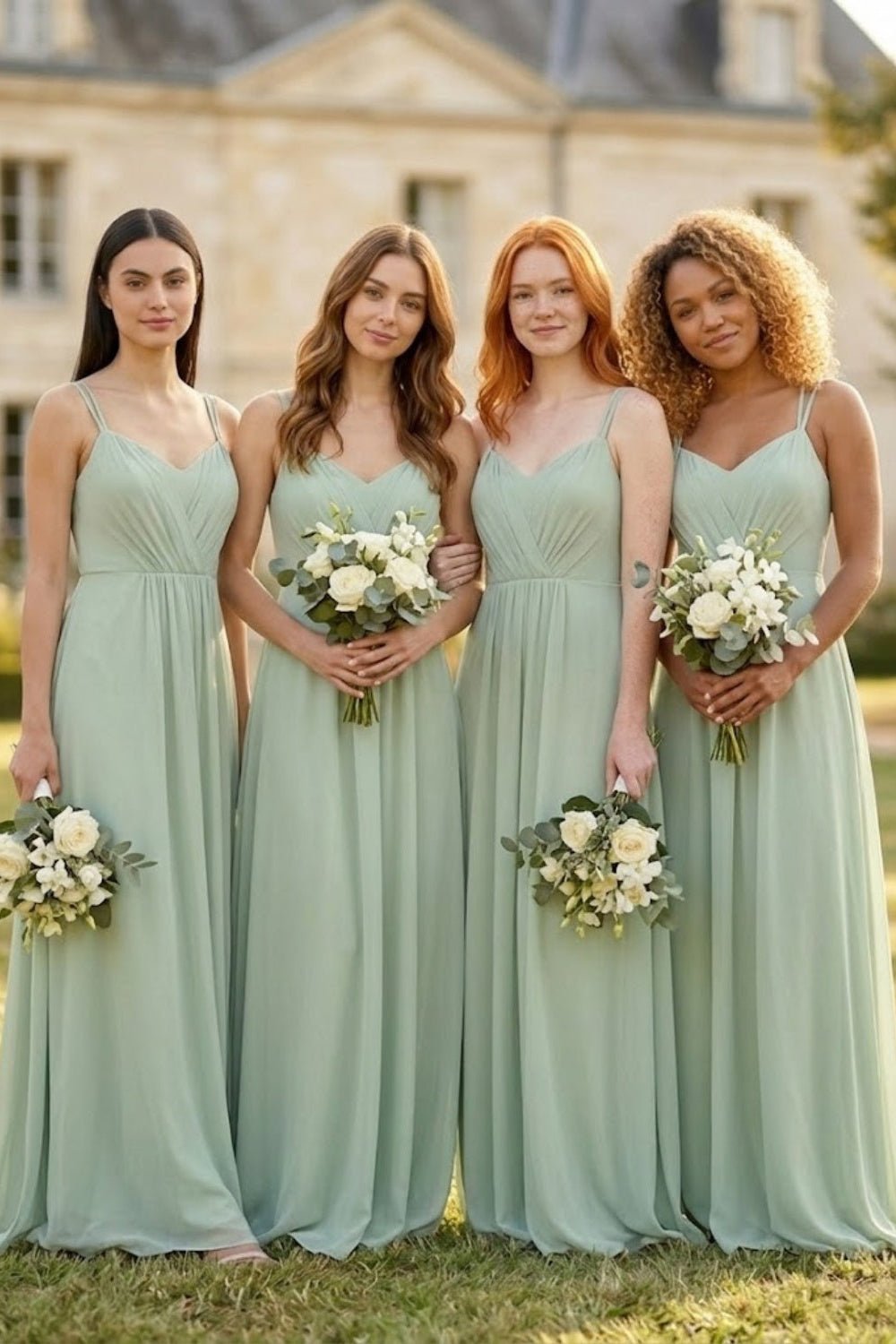 Sage A Line Spaghetti Straps Long Chiffon Bridesmaid Dress