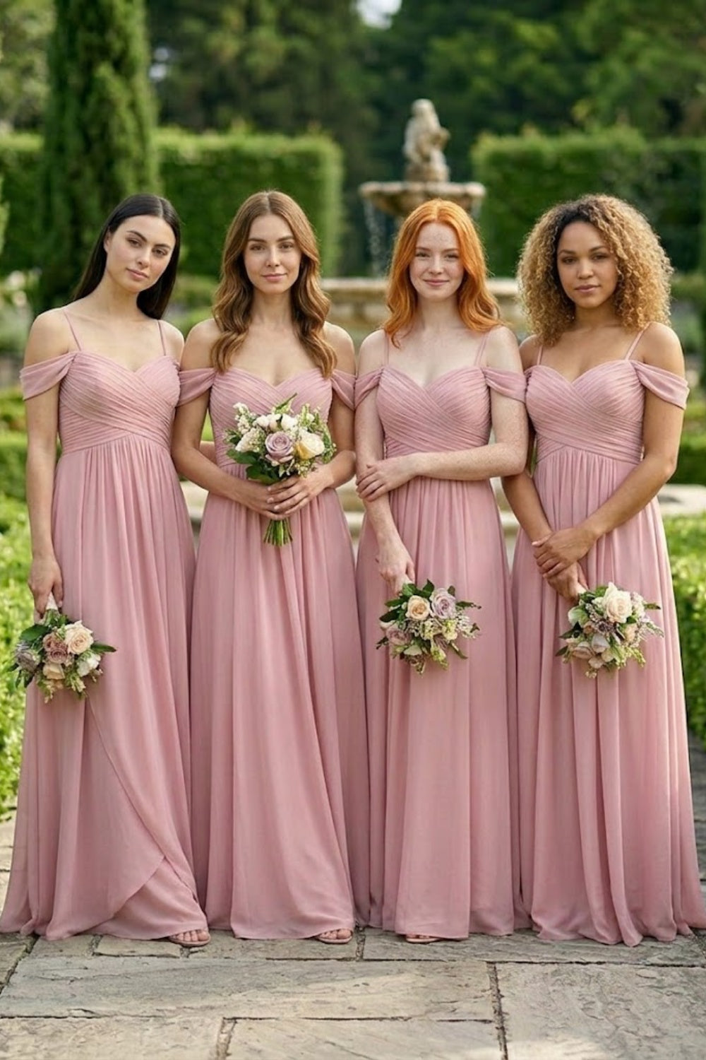 Blush Pink A Line Cold Shoulder Long Chiffon Bridesmaid Dress