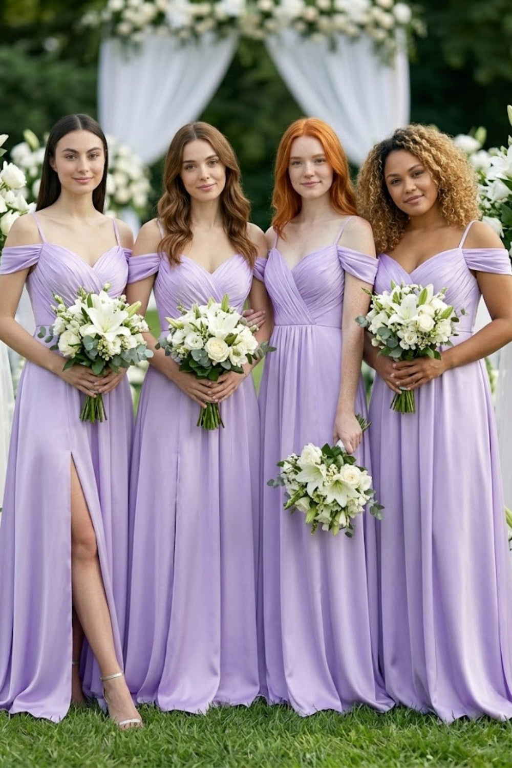 Lavender A Line Cold Shoulder Long Chiffon Bridesmaid Dress with Slit