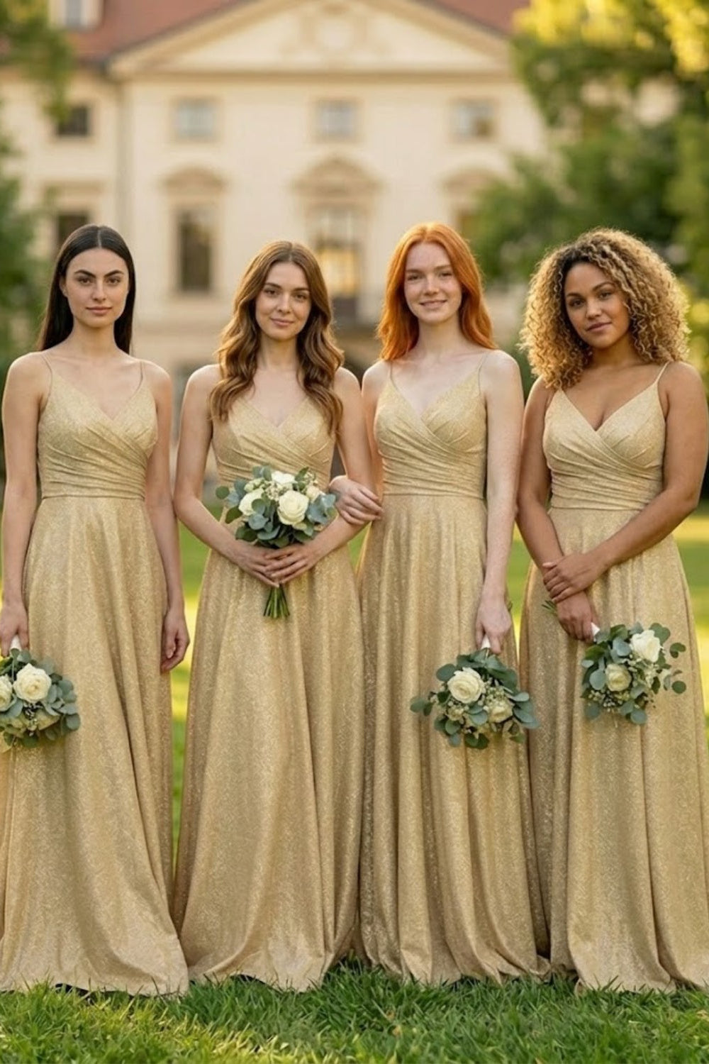 Champagne A Line Spaghetti Straps Long Bridesmaid Dress