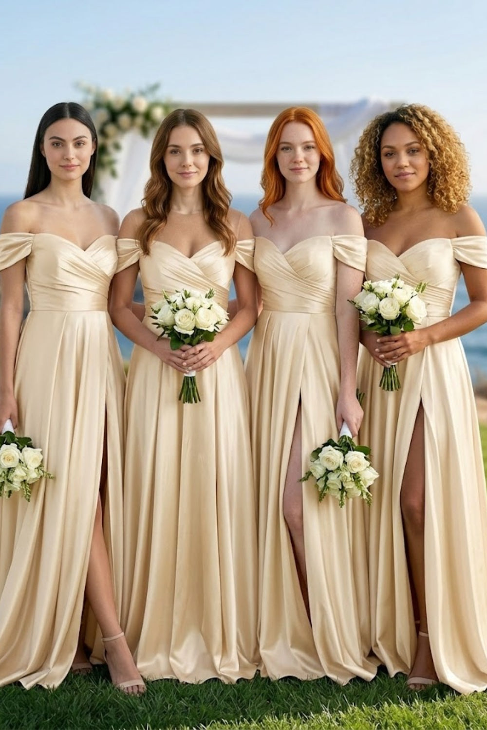Champagne A Line Off the Shoulder Long Slit Bridesmaid Dress