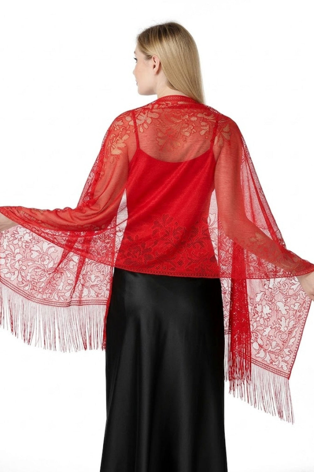 Sheer Floral Lace Evening Wrap with Fringe