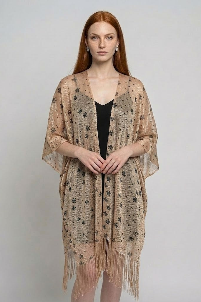 Open Front Leopard Print Kimono Wrap with Fringe