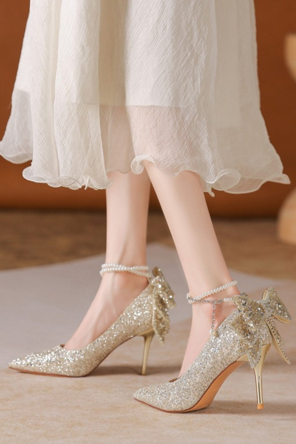 Silver Glitter Pearl Bow Stiletto Pumps
