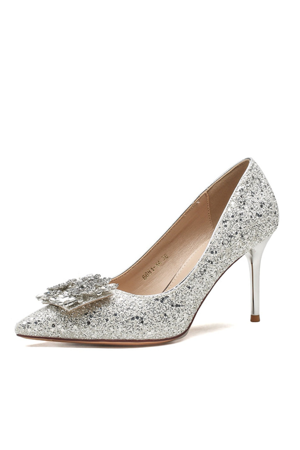 Silver Glitter Pointed Toe Crystal Square Buckle Stiletto Pumps