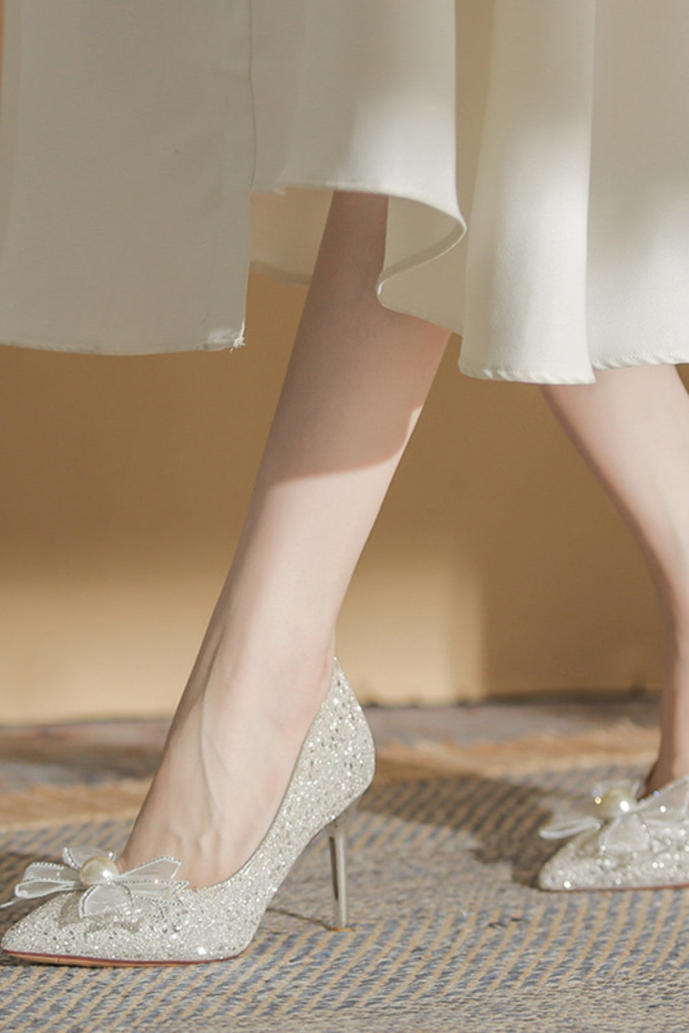 Silver Glitter Pearl Flower Pointed Toe Stiletto Pumps
