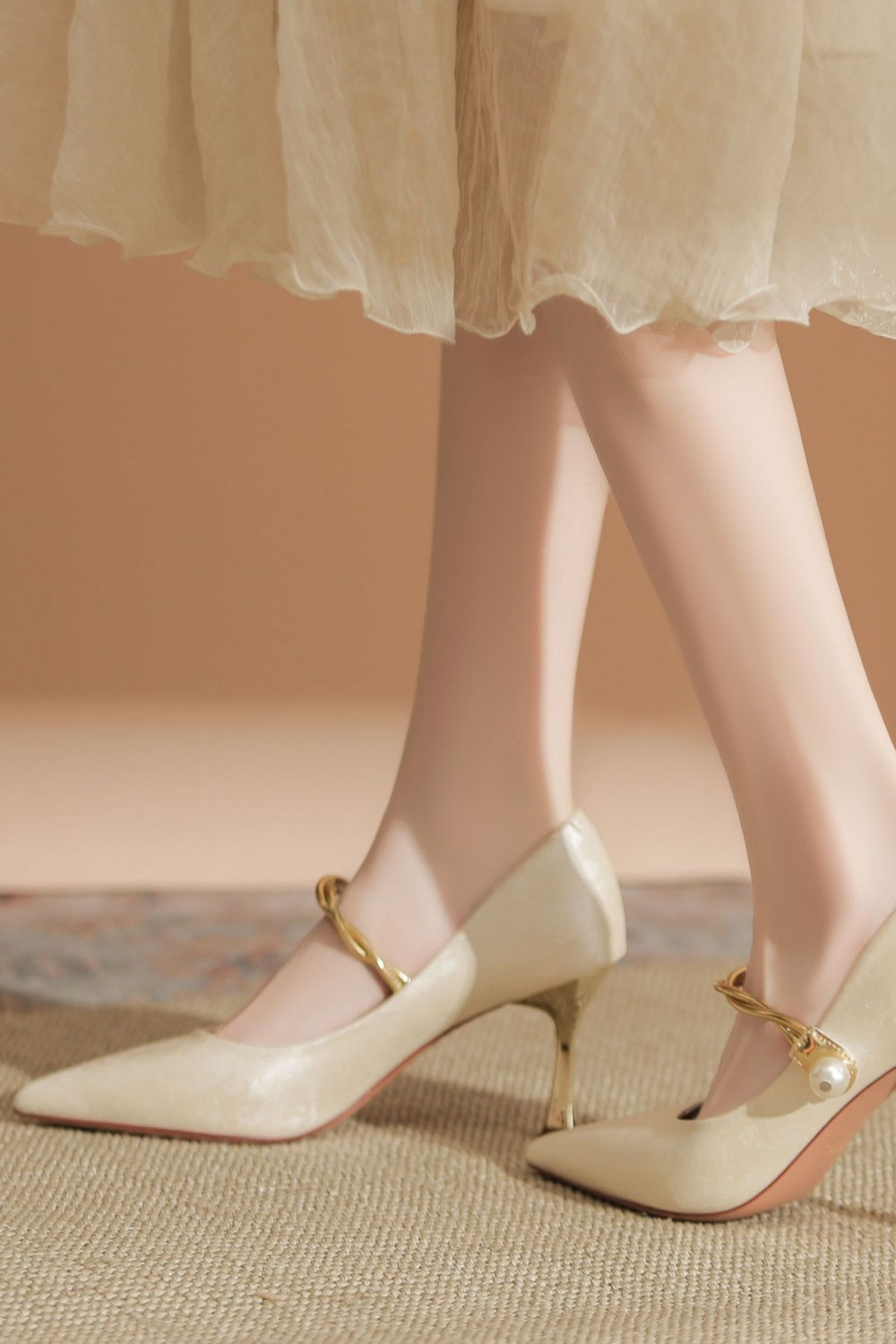 Ivory Pearl Strap Metallic Heel Mary Jane Pumps