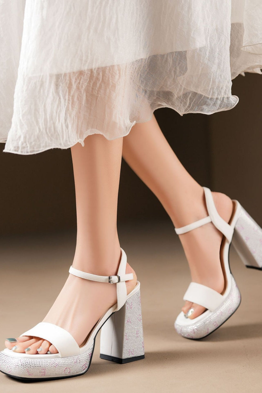 White Rhinestone Platform Block Heel Sandals
