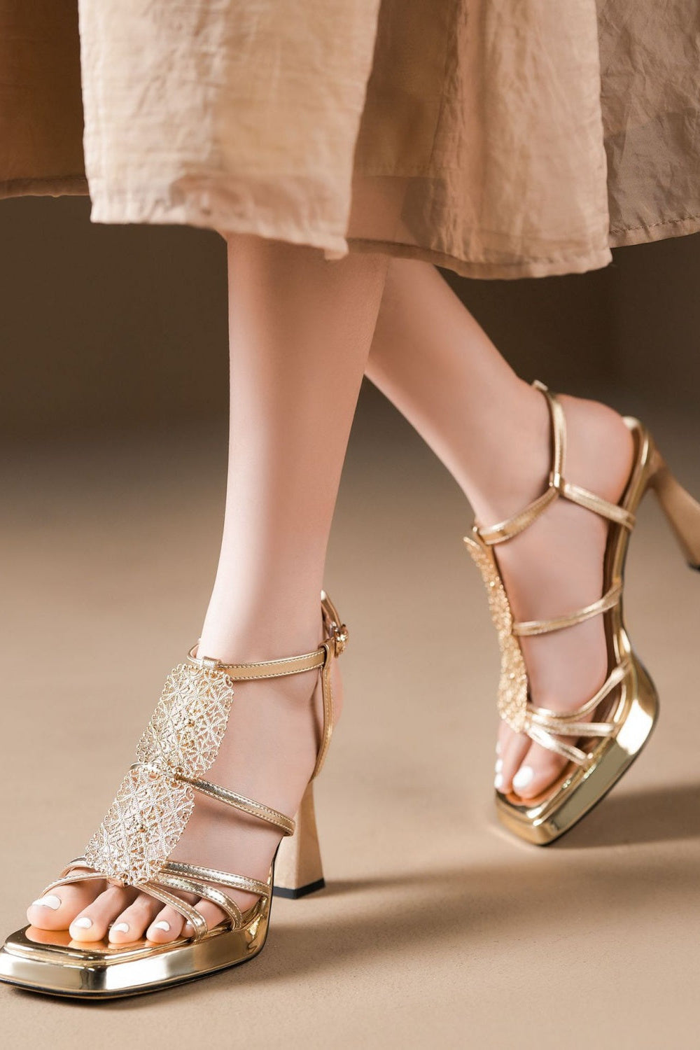Gold Metallic Platform Sandals Mesh Chain Heels