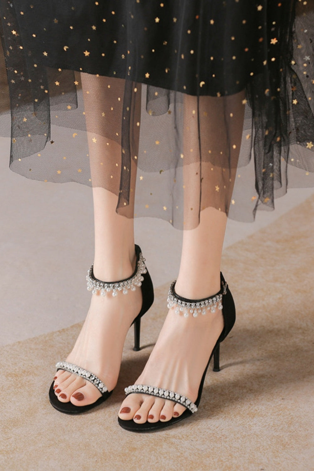 Black Pearl Rhinestone Sandals Ankle Strap Heels