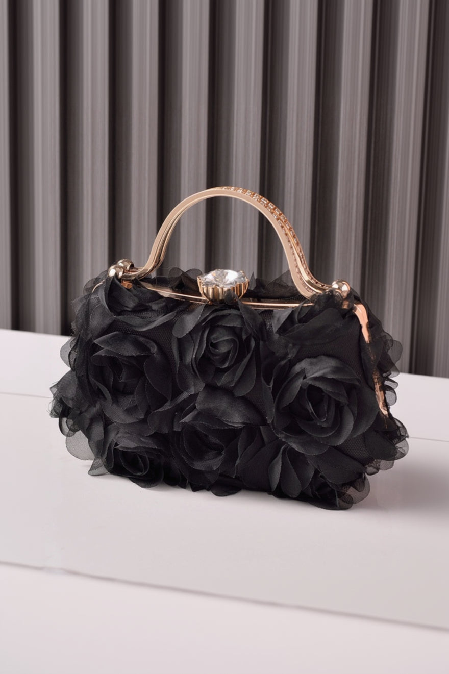 Tulle Rose Clutch Purse Handbag with Rhinestone Handle