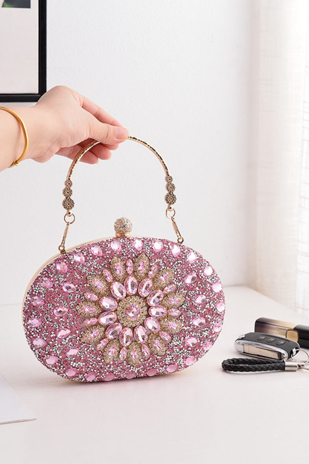 Sparkly Rhinestone Clutch Purse Handbag with Crystal Floral Clasp