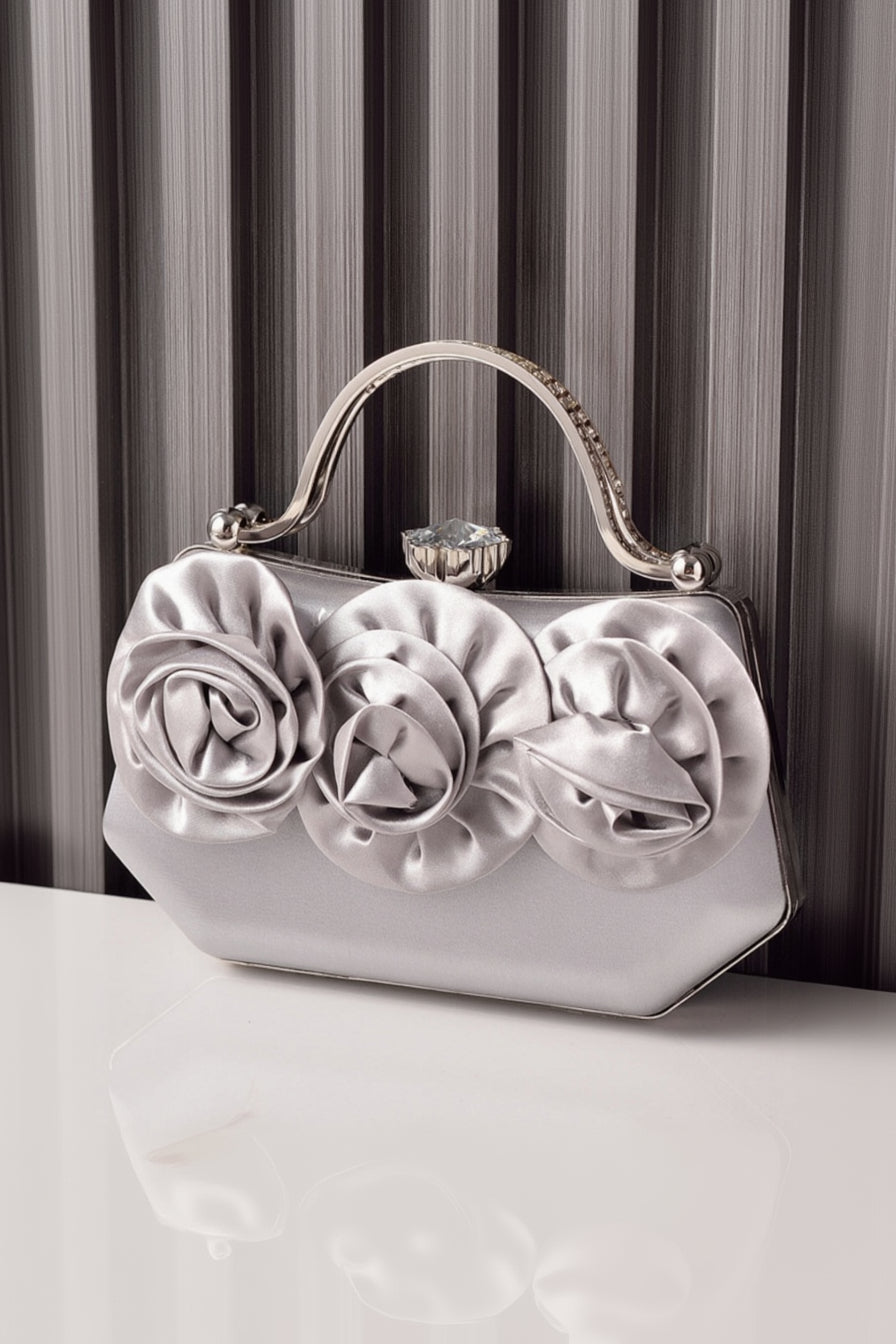 Satin Rose Clutch Purse Handbag Crystal Clasp Rhinestone Handle
