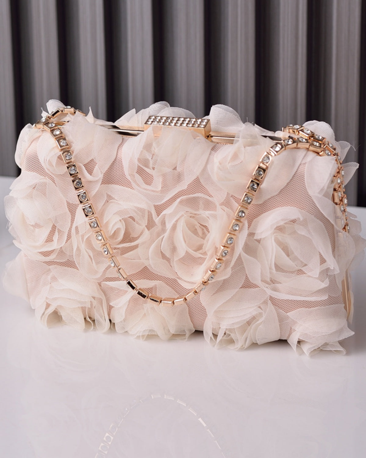 Tulle Rose Clutch Purse Handbag with Rhinestone Chain