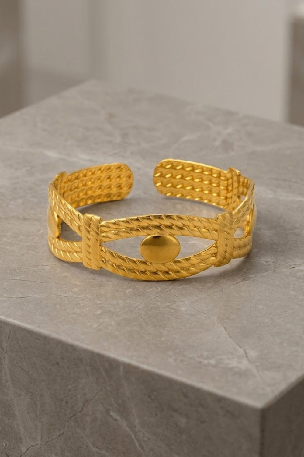 Gold Rope Twisted Cutout Open Cuff Bracelet Oval Accent