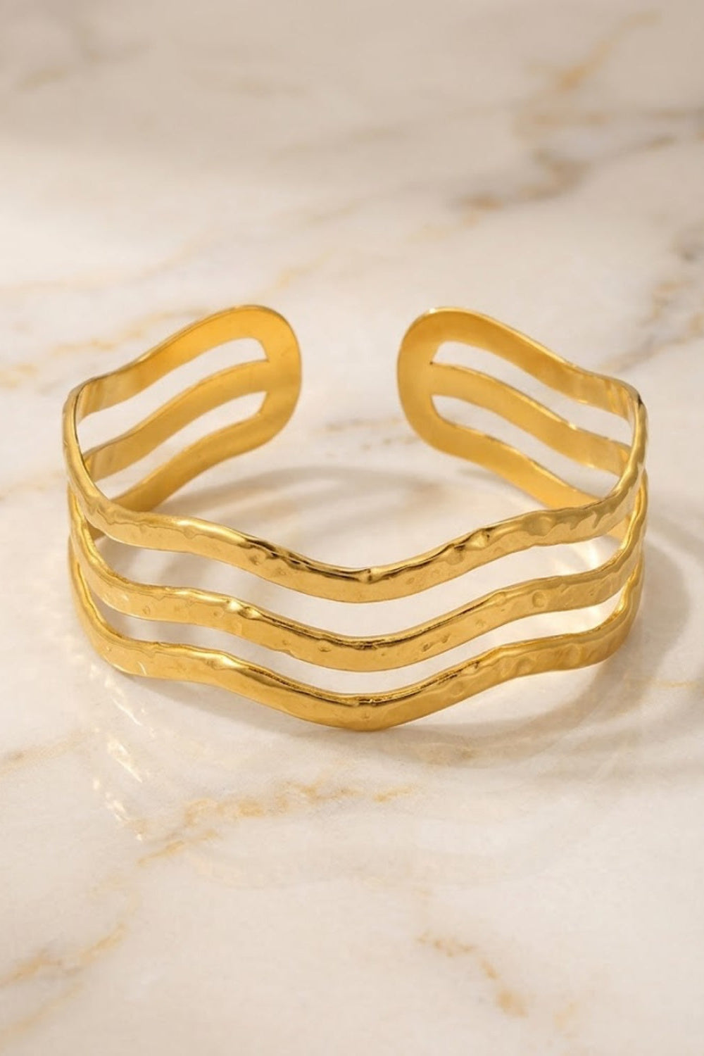 Gold Hammered Wavy Triple Band Open Cuff Bracelet