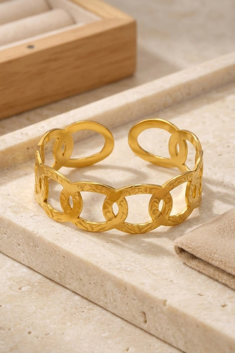 Gold Hammered Textured Interlocking Circle Cutout Open Cuff Bracelet