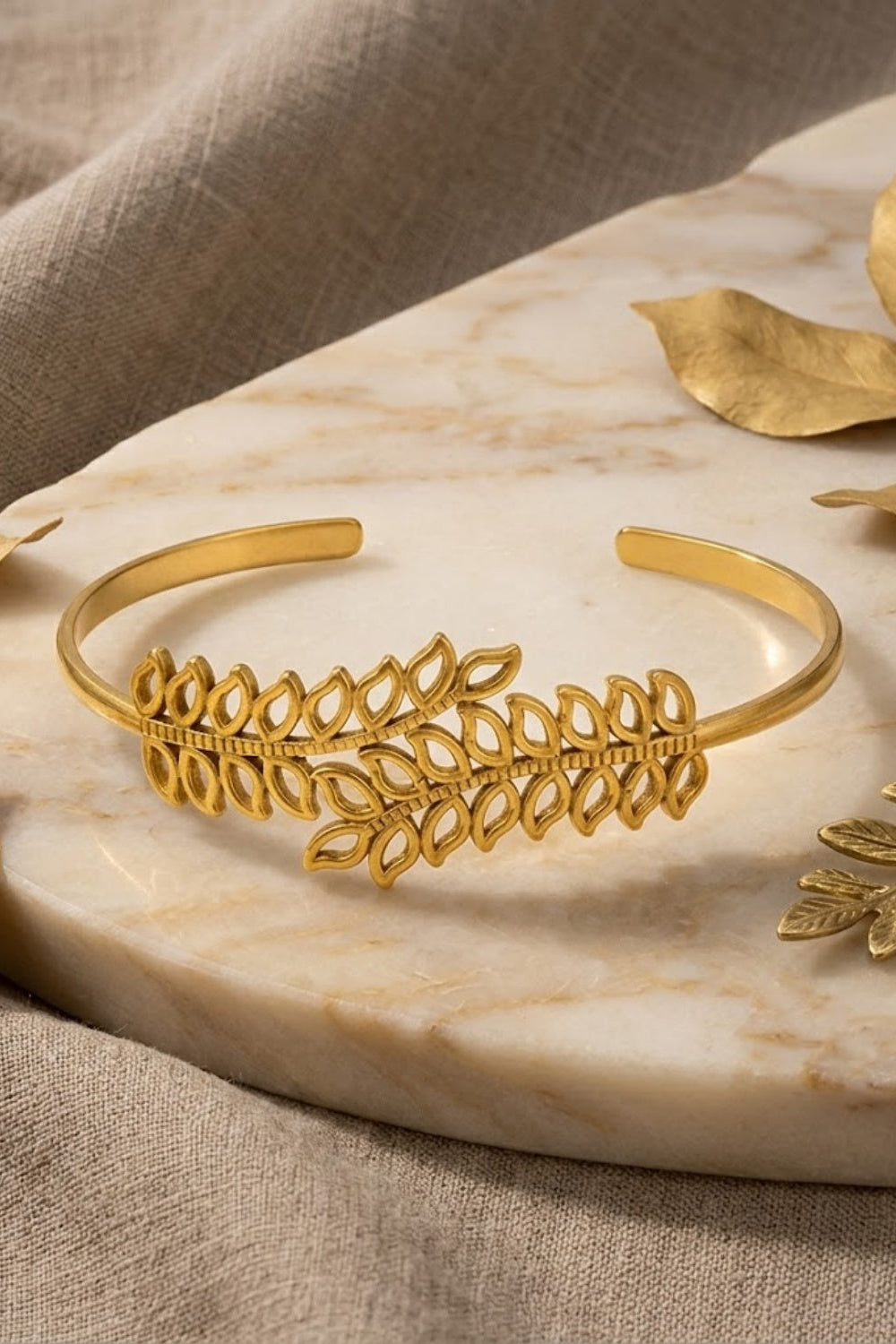 Gold Matte Leaf Branch Bypass Openwork Cuff Bracelet
