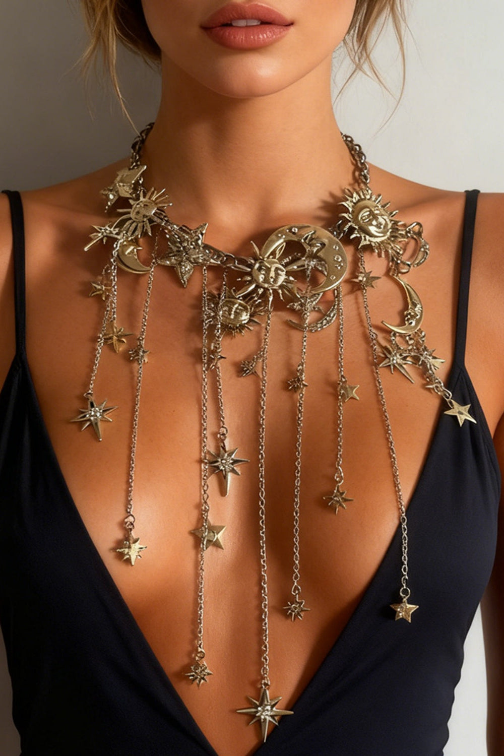 Celestial Sun Moon Star Face Long Chain Tassel Necklace