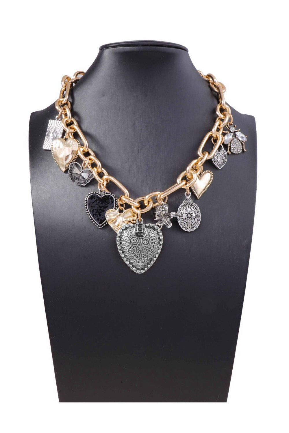 Metal Chunky Charm Necklace Intricate Heart Butterfly Scarab Charm