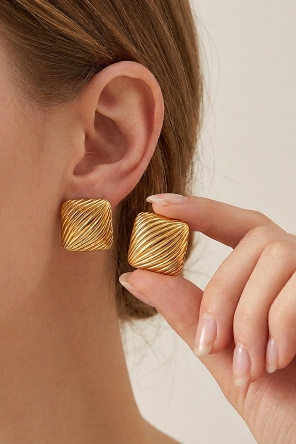 Gold Ribbed Square Stud Earrings