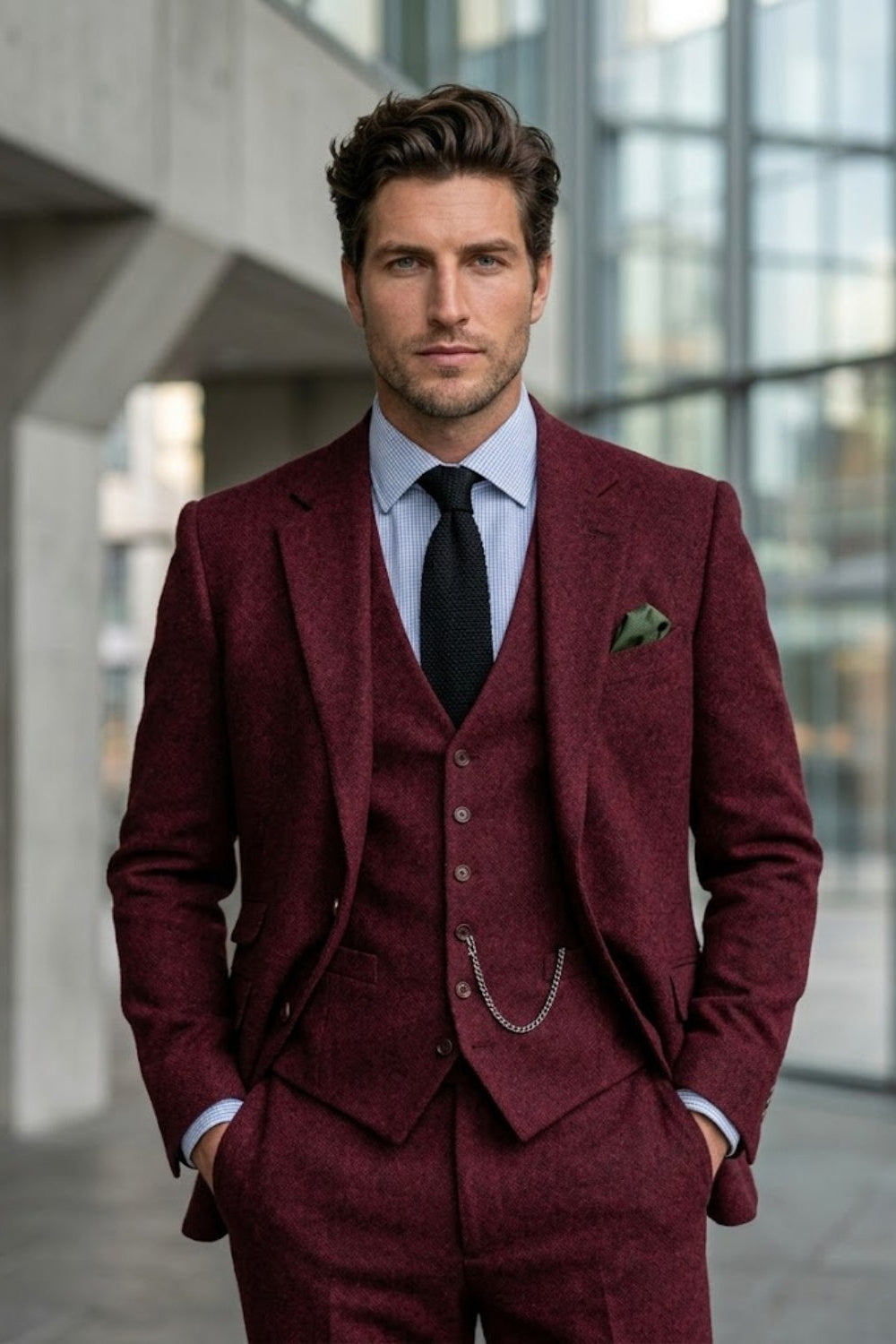 Burgundy Tailored Fit Groomsmen Suit