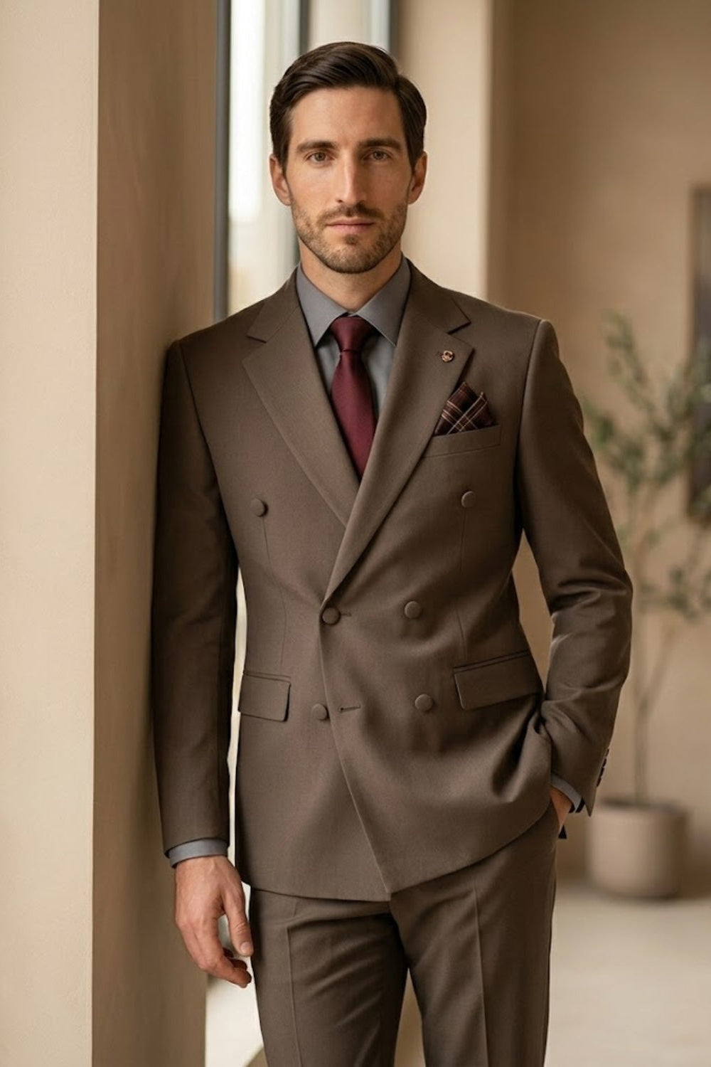 Brown Double Breasted Modern Fit Prom Suit