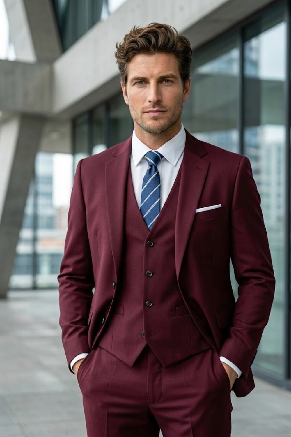 Burgundy Notch Lapel Tailored Fit Formal Suit