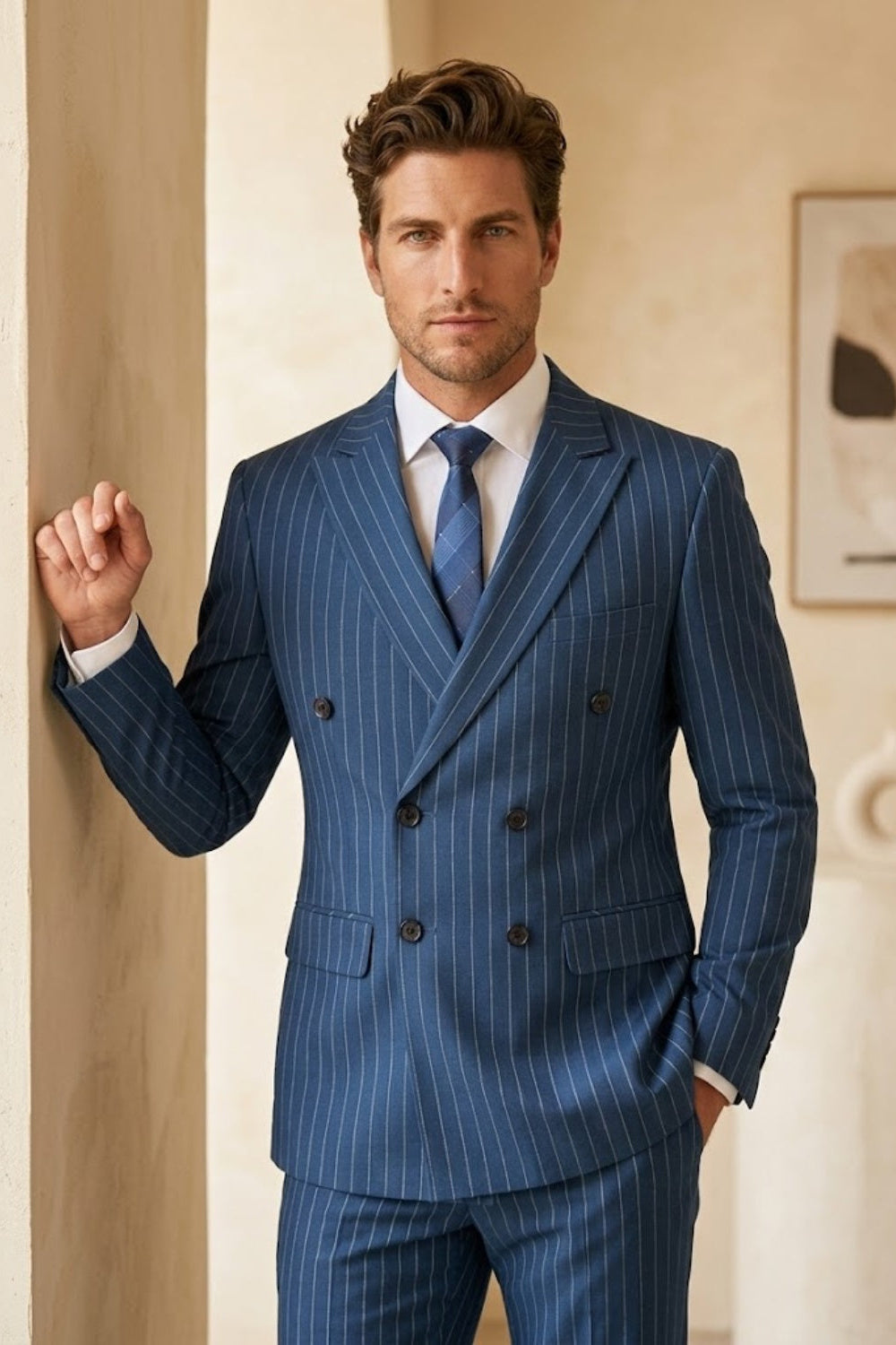 Blue Pinstripe Double Breasted Tailored Fit Business Formal Suit