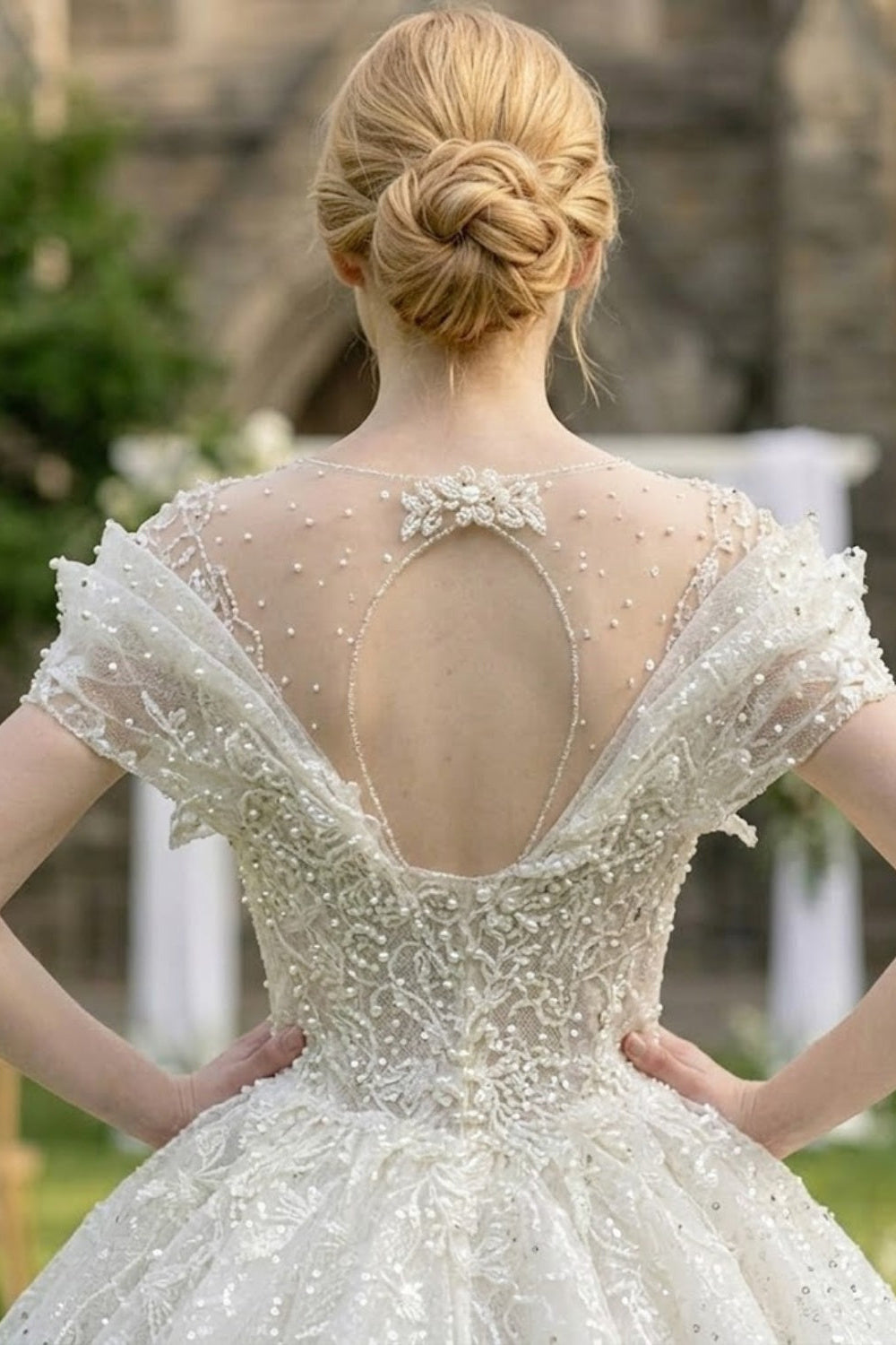 White Beaded Lace V-Neck Off-the-Shoulder Ball Gown Wedding Dress